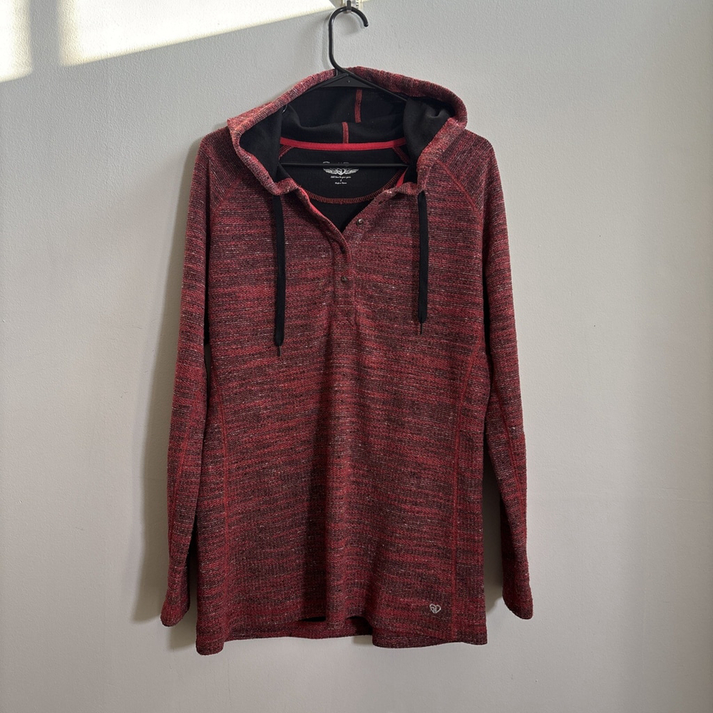 EUC MEN’S STRAIGHT DOWN HOODIE SWEATSHIRT SIZE LARGE L RED RAYON POLYESTER